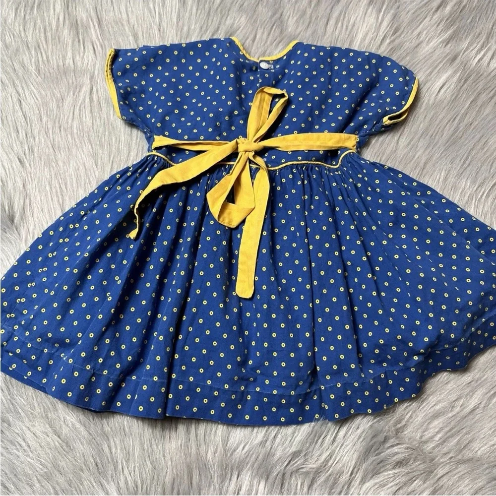 Vintage 1950s Toddler Girls Blue Yellow Tie Back Dot Dress